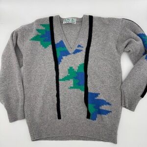 Vintage Glen Abbey Lambswool Gray Geometric V-Neck Sweater Men’s 42/52 80s 90s